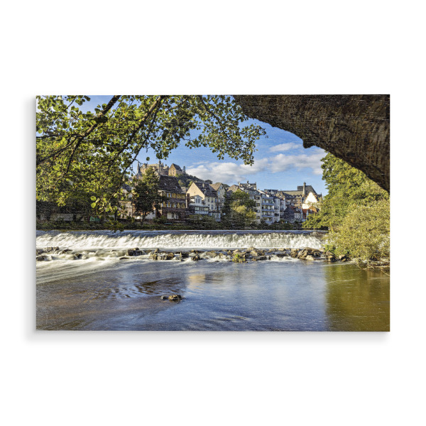 Holzbild "Das Wehr der Lahn bei Marburg" artboxONE - Natur - Marburg,Lahn,Marburg an der lahn,Fluss,Wehr,Hessen