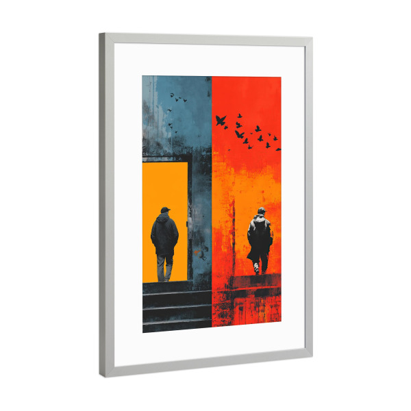 Poster mit Rahmen Silber "Ein Schritt, zwei Welten" artboxONE - Menschen,Streetart,Fiktion
