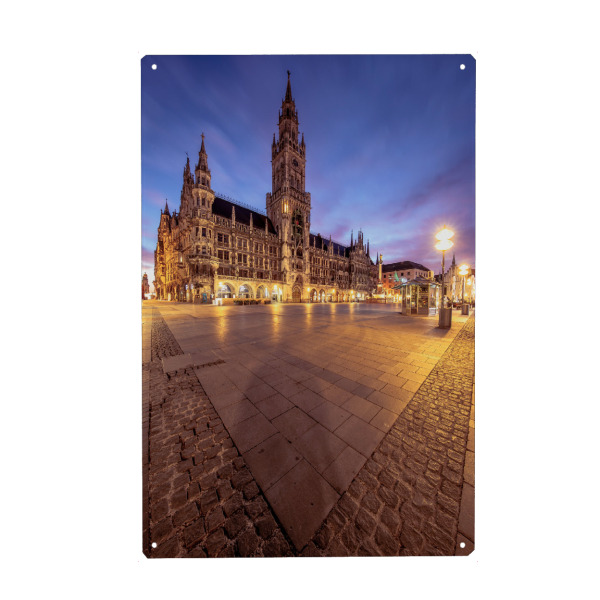 Holzbild "Sonnenaufgang am Marienplatz" artboxONE - Städte / München,Architektur,Buchstaben / M