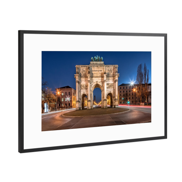 Poster mit Rahmen Schwarz (Metallic) "Sonnenuntergang Siegestor München" artboxONE - Städte / München,Architektur