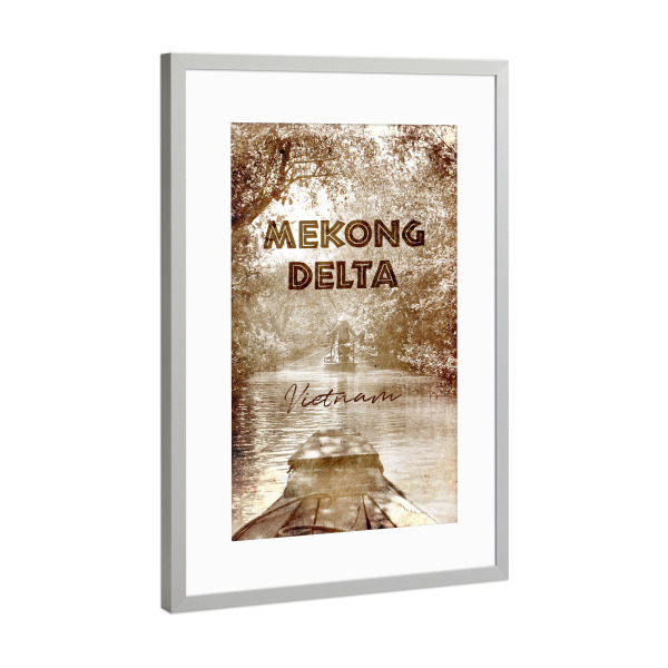 Poster mit Rahmen Silber "Mekong Delta vintage" artboxONE - Typografie,Natur,Reise,Reise / Asien,Reise / Länder