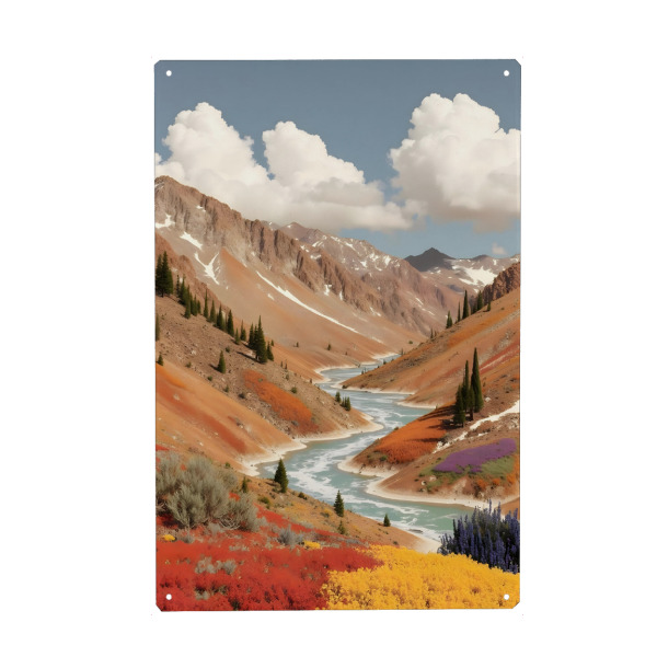 Metall Poster "Das Tal der Träume" artboxONE - Natur,Reise - Landschaft,Surrealismus,Natur,Berge,Tal,Bäume,Fluss,Reisen,Landschaftlich - Blechschild