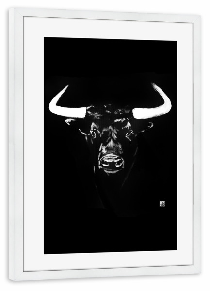 Poster mit Rahmen weiß "Stier SW" artboxONE - Tiere,Schwarzweiß,Reise / Asien - Bull,Sumie,Japan,Stier,Schwarzweiß,Tier