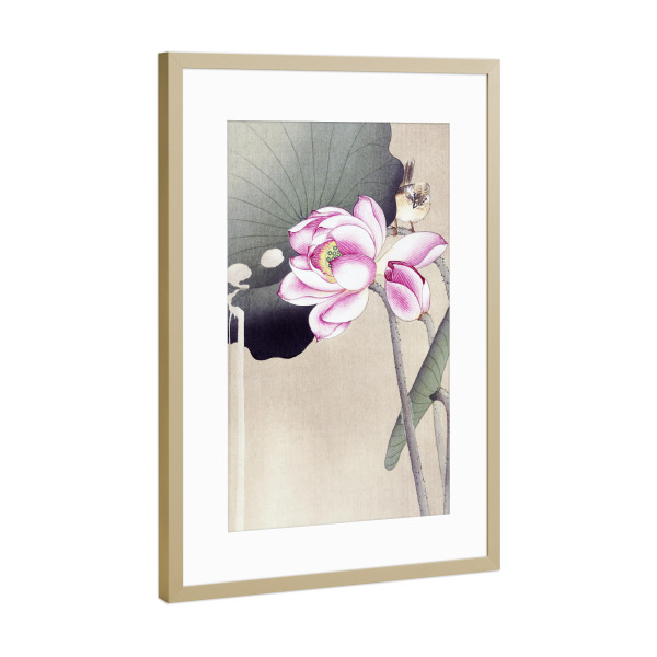 Poster mit Rahmen Gold "Singvogel und Lotus" artboxONE - Floral,Tiere,Für Mama