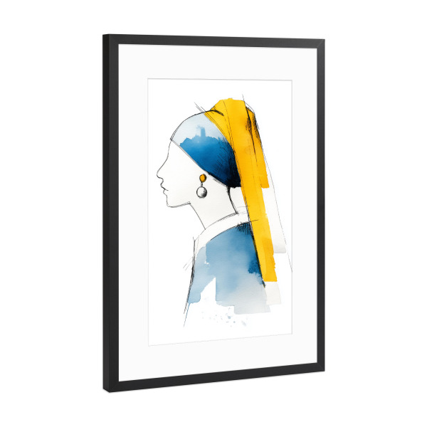 Poster mit Rahmen Schwarz (Metallic) "Mädchen mit Perlenohrringen, gelb" artboxONE - Abstrakt,Menschen,Geometrie