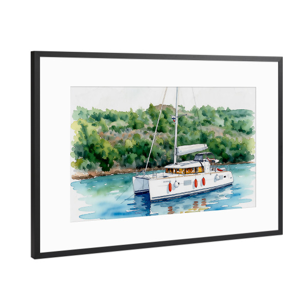 Poster mit Rahmen Schwarz (Metallic) "Katamaran" artboxONE - Natur,Reise - Katamaran,Aquarell,Aquarell illustration,Segelschiff,Segelboot,Segeln