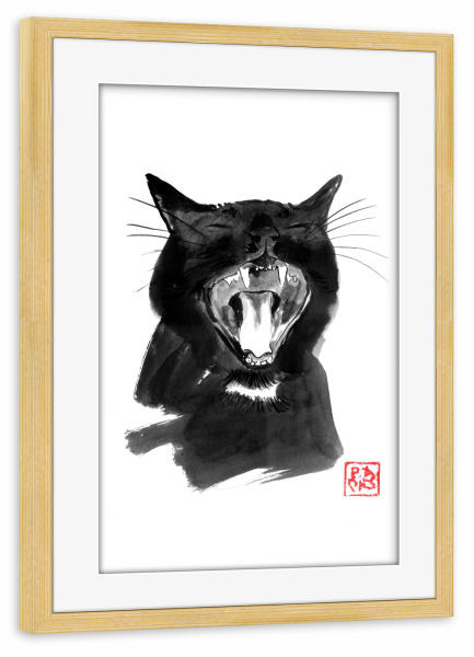 Poster mit Rahmen kiefer "Yawning kitty" artboxONE - Tiere,Schwarzweiß,Reise / Asien - Sumie,Katze,Tier,Japan,Schwarzweiß
