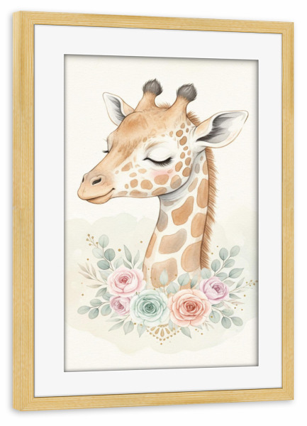 Poster mit Rahmen kiefer "Giraffe Mädchen Blume" artboxONE - Floral,Für Kinder,Tiere