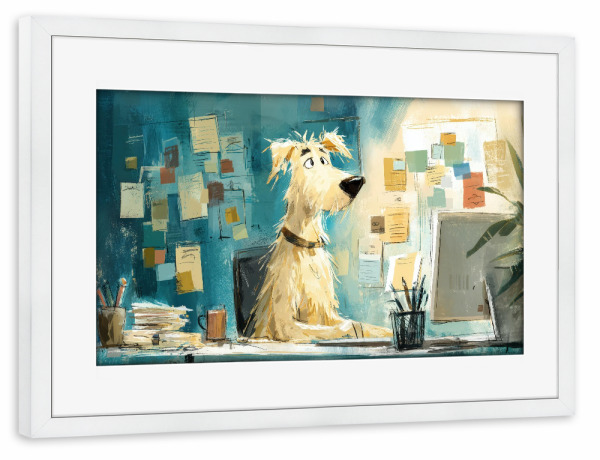 Poster mit Rahmen weiß "The Office Dog" artboxONE - Tiere,Comic,Fiktion,Lustig