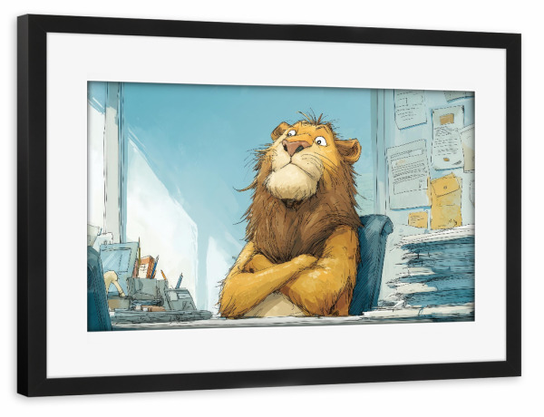 Poster mit Rahmen schwarz "The Office Lion" artboxONE - Tiere,Comic,Fiktion,Lustig