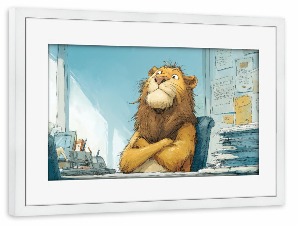 Poster mit Rahmen weiß "The Office Lion" artboxONE - Tiere,Comic,Fiktion,Lustig