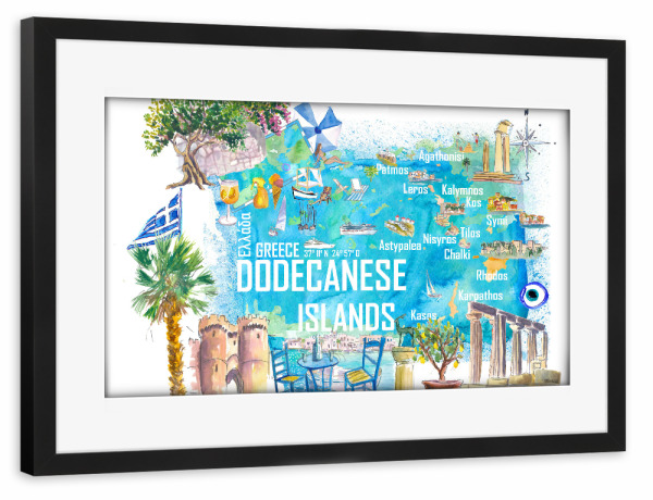 Poster mit Rahmen schwarz "Dodekanes Inseln" artboxONE - Reise,Reise / Strand und Meer,Kartografie