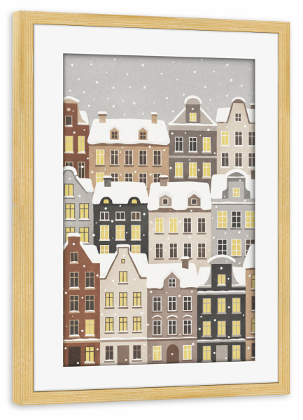 Poster mit Rahmen kiefer "Verschneite Altstadt" artboxONE - Städte,Für Kinder,Architektur - Illustration,Malerei,Stadt,Winter,Schnee,Häuser