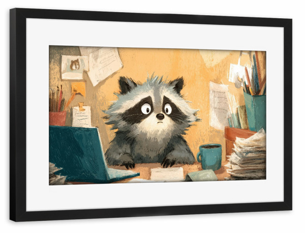 Poster mit Rahmen schwarz "The Office Raccoon" artboxONE - Tiere,Comic,Fiktion,Lustig