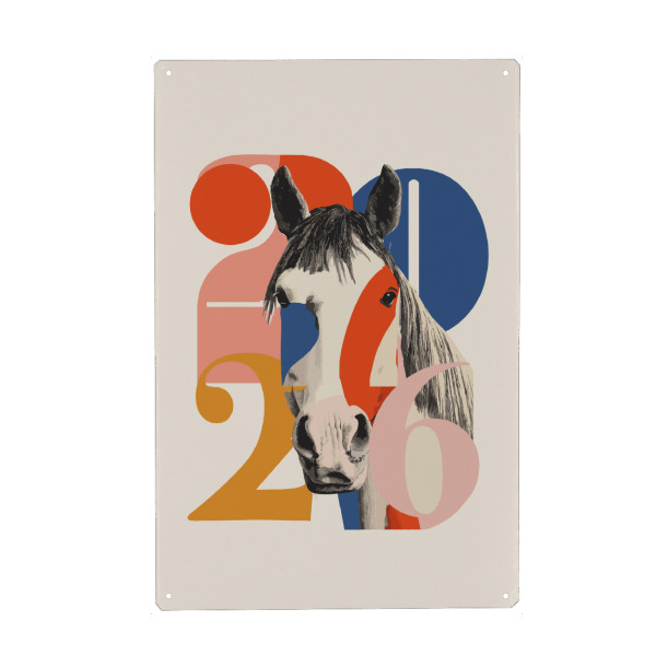 Metall Poster "Jahr des Pferdes" artboxONE - Typografie,Tiere,Abstrakt - Jahr des kraken,2026,Kräftige farben,Pop-art,Farbe,Pferd,Illustration,Collage
