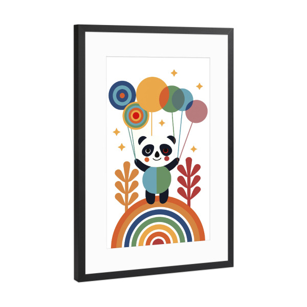 Poster mit Rahmen Schwarz (Metallic) "Panda mit bunten Luftballons" artboxONE - Für Kinder,Tiere