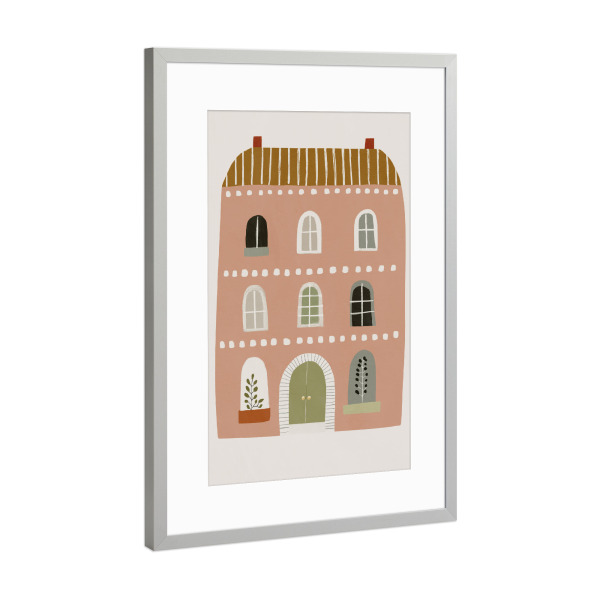 Poster mit Rahmen Silber "Friendly House" artboxONE - Für Kinder - Haus,Zuhause,Heim,Fenster,Illustration,Kinderzimmer,Treechild