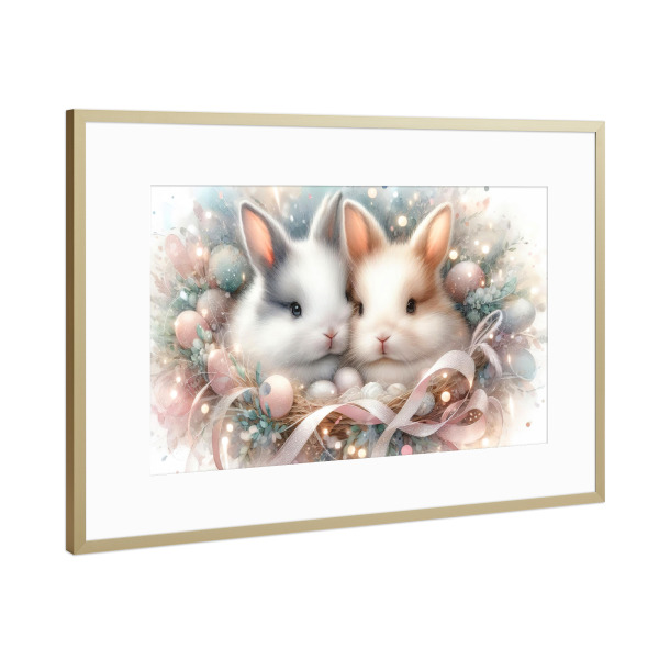 Poster mit Rahmen Gold "Entzückendes Hasenpaar im Nest" artboxONE - Für Kinder,Tiere