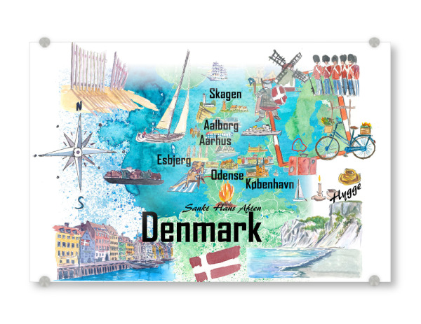 Acrylglasbild "Dänemark Illustrierte Karte" artboxONE - Städte,Reise,Reise / Strand und Meer,Kartografie