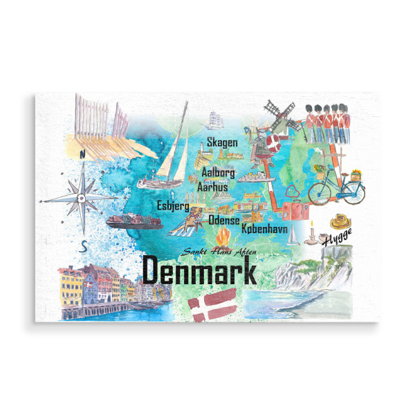 Holzbild "Dänemark Illustrierte Karte" artboxONE - Städte,Reise,Reise / Strand und Meer,Kartografie
