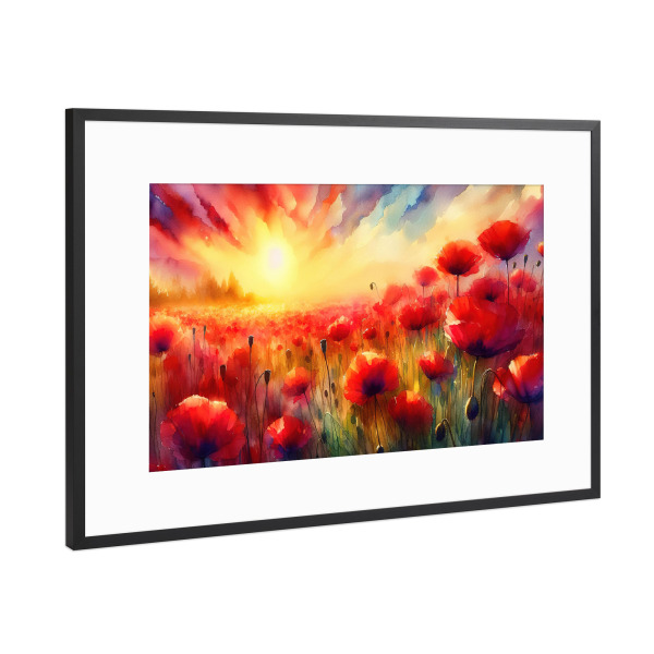 Poster mit Rahmen Schwarz (Metallic) "Vibrant Sunset Over Poppy Field" artboxONE - Floral,Abstrakt