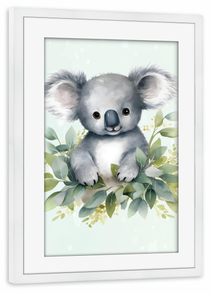 Poster mit Rahmen weiß "Koala unter Blättern" artboxONE - Für Kinder,Tiere,Abstrakt - Koala,Süß,Flauschig,Blätter,Natur