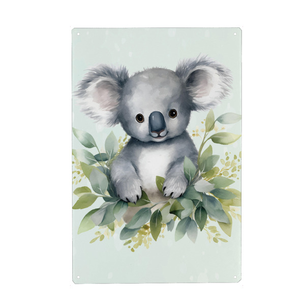 Metall Poster "Koala unter Blättern" artboxONE - Für Kinder,Tiere,Abstrakt - Koala,Süß,Flauschig,Blätter,Natur - Blechschild