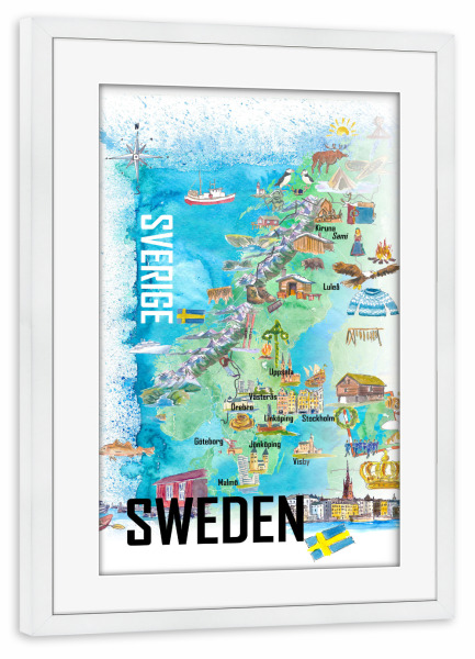Poster mit Rahmen weiß "Schweden Illustrierte Karte" artboxONE - Reise,Architektur,Kartografie