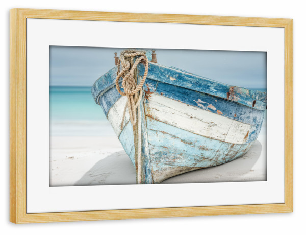 Poster mit Rahmen kiefer "Blaues Boot im Sand" artboxONE - Natur,Reise / Strand und Meer