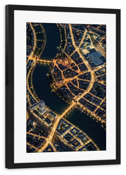 Poster mit Rahmen schwarz "Basel bei Nacht" artboxONE - Städte / Weitere,Kartografie