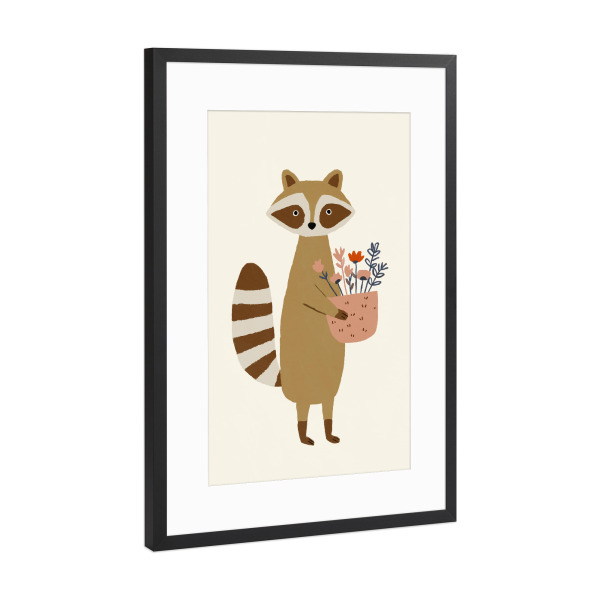 Poster mit Rahmen Schwarz (Metallic) "Raccoon With Flowers" artboxONE - Für Kinder,Tiere - Waschbär,Tier,Tiere,Blume,Süss,Illustration,Kinderzimmer