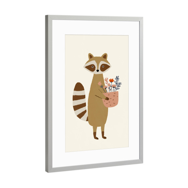 Poster mit Rahmen Silber "Raccoon With Flowers" artboxONE - Für Kinder,Tiere - Waschbär,Tier,Tiere,Blume,Süss,Illustration,Kinderzimmer