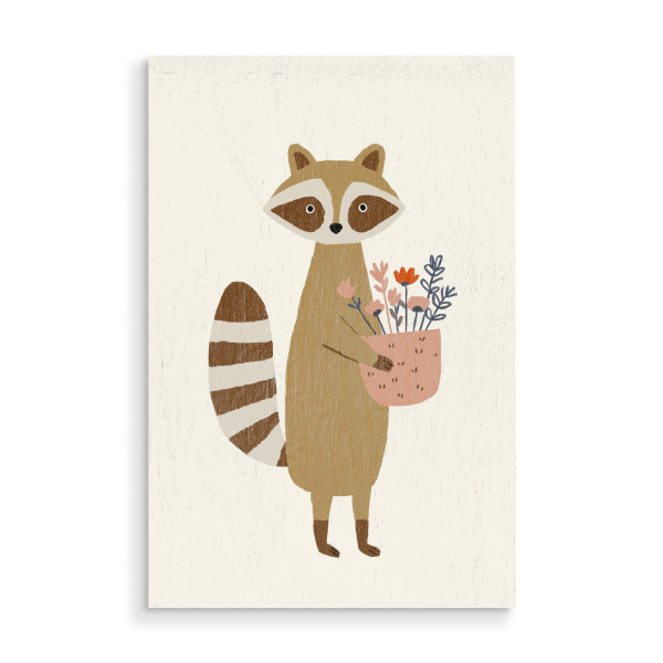 Holzbild "Raccoon With Flowers" artboxONE - Für Kinder,Tiere - Waschbär,Tier,Tiere,Blume,Süss,Illustration,Kinderzimmer