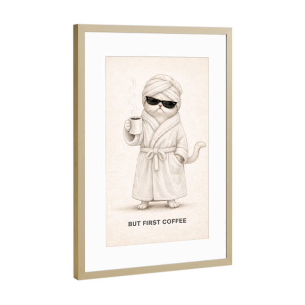 Poster mit Rahmen Gold "But First Coffee – Grumpy Cat" artboxONE - Tiere,Essen & Trinken,Comic,Für Mama,Lustig