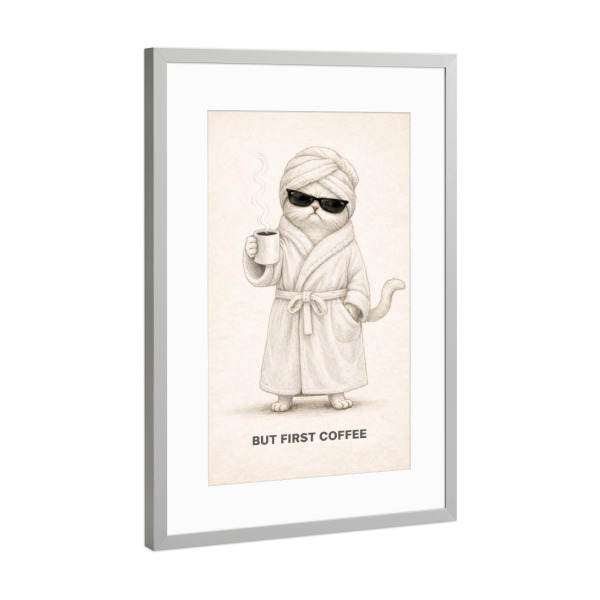 Poster mit Rahmen Silber "But First Coffee – Grumpy Cat" artboxONE - Tiere,Essen & Trinken,Comic,Für Mama,Lustig