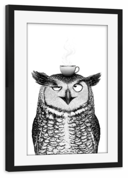 Poster mit Rahmen schwarz "Eule mit Cappuccino" artboxONE - Natur,Tiere,Essen & Trinken,Für Mama,Lustig