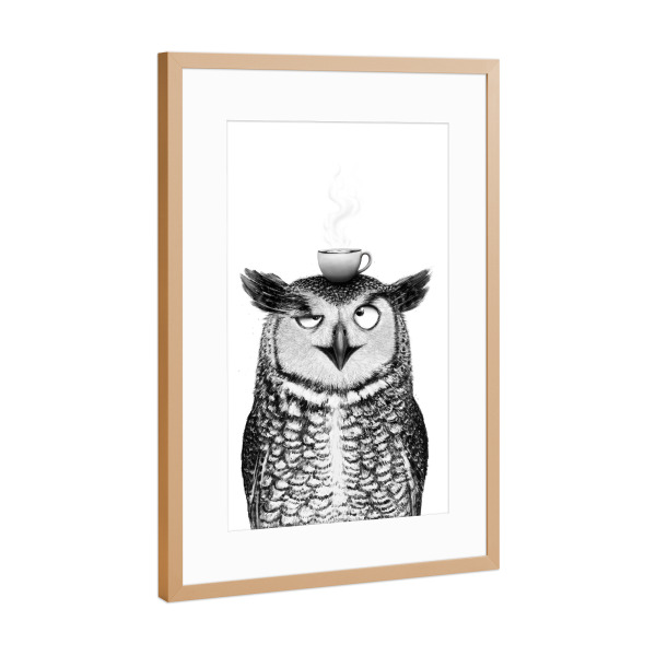 Poster mit Rahmen Kupfer "Eule mit Cappuccino" artboxONE - Natur,Tiere,Essen & Trinken,Für Mama,Lustig