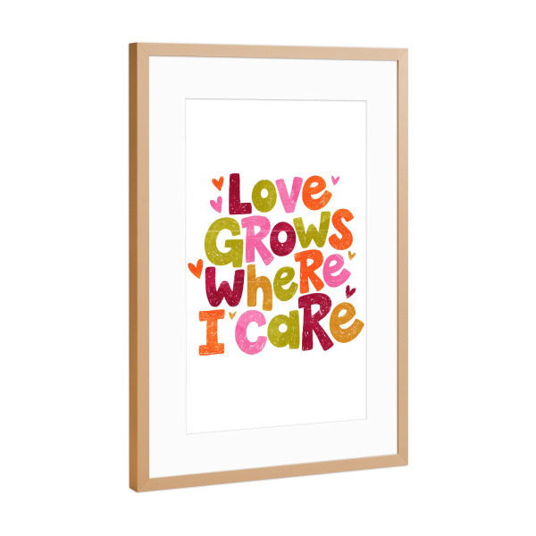 Poster mit Rahmen Kupfer "Liebe wächst motivierendes Zitat" artboxONE - Typografie - Liebe,Wächst,Pflege,Herzen,Schwarz