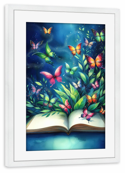 Poster mit Rahmen weiß "Magisches Buch" artboxONE - Floral,Tiere,Abstrakt - Buch,Schmetterlinge,Farbe,Blätter,Magie,Fantasie,Traumhaft,Natur,Lebendig