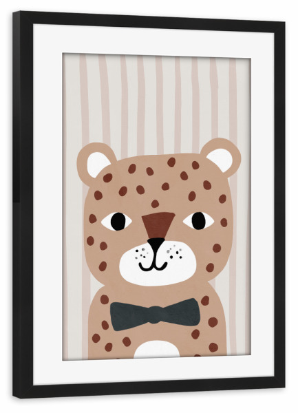 Poster mit Rahmen schwarz "Happy Leo" artboxONE - Für Kinder,Tiere - Leopard,Kinderzimmer,Illustration,Tiere,Lustig,Süss,Babyzimmer,Fliege
