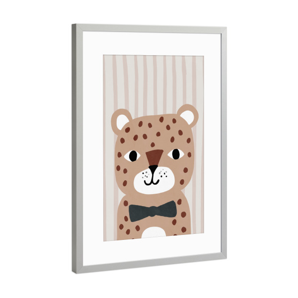 Poster mit Rahmen Silber "Happy Leo" artboxONE - Für Kinder,Tiere - Leopard,Kinderzimmer,Illustration,Tiere,Lustig,Süss,Babyzimmer,Fliege