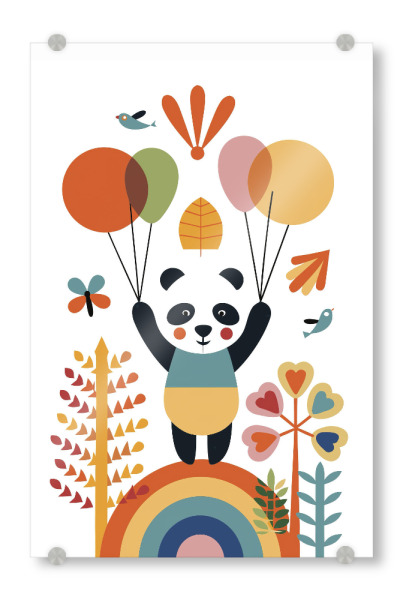 Acrylglasbild "Panda mit bunten Luftballons Z" artboxONE - Für Kinder,Tiere - Panda,Luftballons,Regenbogen,Herzen,Vögel,Bäume,Bunt,Verspielt