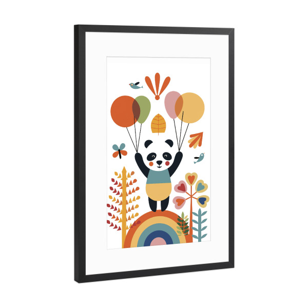 Poster mit Rahmen Schwarz (Metallic) "Panda mit bunten Luftballons Z" artboxONE - Für Kinder,Tiere