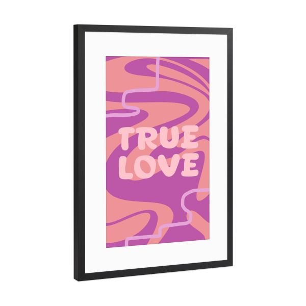 Poster mit Rahmen Schwarz (Metallic) "Wahre Liebe lila rosa Hintergrund" artboxONE - Typografie,Abstrakt,Liebe