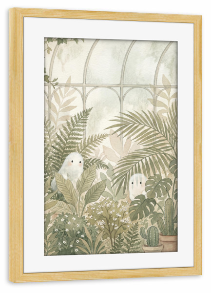 Poster mit Rahmen kiefer "Geister im Gewächshaus" artboxONE - Floral,Für Kinder,Fiktion,Halloween - Geist,Geister,Gewächshaus,Blumen