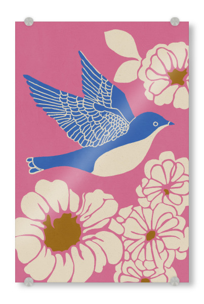 Acrylglasbild "Blue Bird (Two)" artboxONE - Für Kinder,Tiere,Für Mama - Vogel,Floral,Blume,Blumen,Dekorativ,Illustration,Treechild,Tiere,Pink,Blau