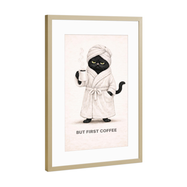Poster mit Rahmen Gold "But First Coffee – Black Grump" artboxONE - Tiere,Essen & Trinken,Comic,Für Mama,Lustig