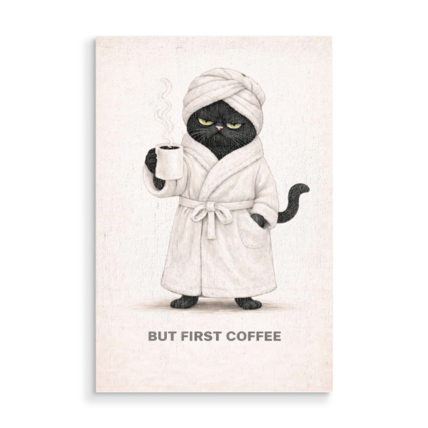 Holzbild "But First Coffee – Black Grump" artboxONE - Tiere,Essen & Trinken,Comic,Für Mama,Lustig