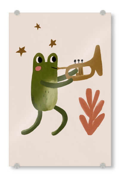 Acrylglasbild "Frog And Trumpet" artboxONE - Für Kinder,Tiere,Lustig - Frosch,Trompete,Musik,Instrument,Illustration,Kinderzimmer,Lustig,Grün
