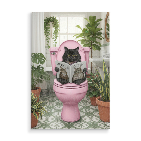 Holzbild "Stilvolle Katze auf rosa Toilette" artboxONE - Tiere